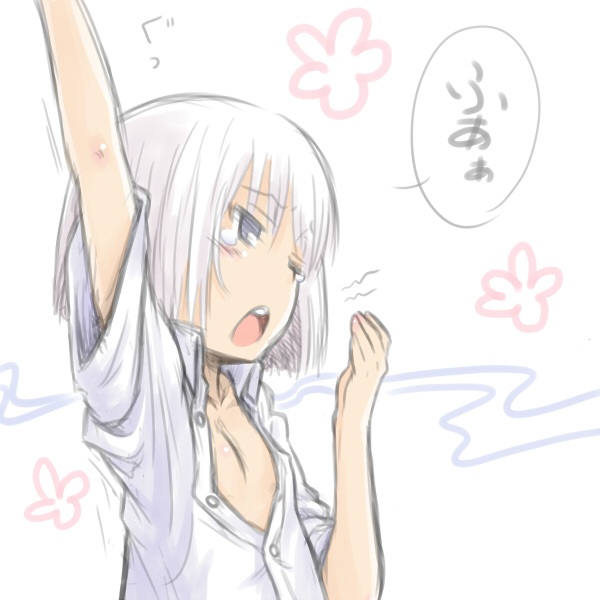 konpaku_youmu, myonde, open_clothes, open_shirt, shirt, sketch, sleepy, solo