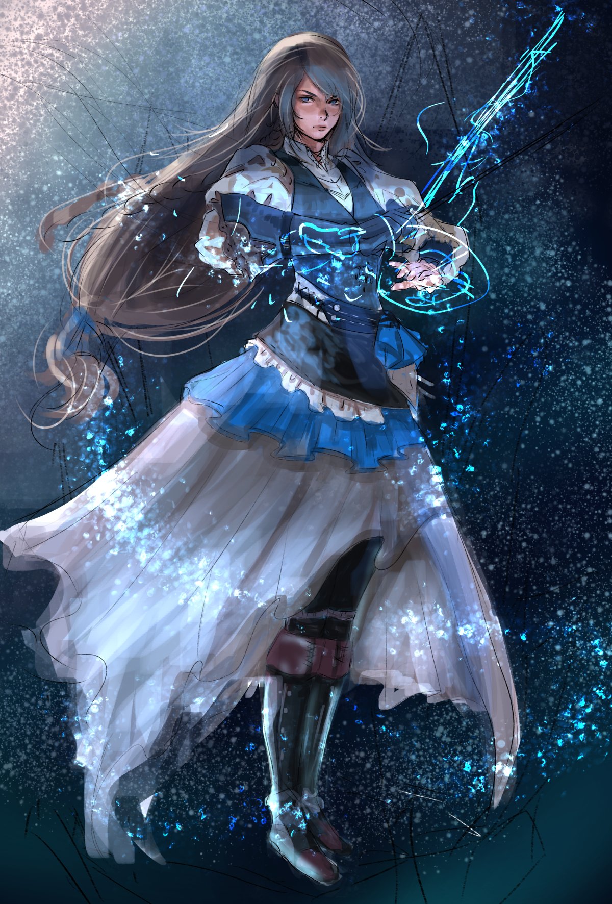 1girl, blue_eyes, blue_gloves, blue_vest, dress, final_fantasy, final_fantasy_xvi, gloves, grey_hair, highres, holding, jill_warrick, leather_vest, long_hair, looking_at_viewer, muni_luny, puffy_sleeves, sketch, skirt, solo, standing, sword, vest, weapon, white_dress