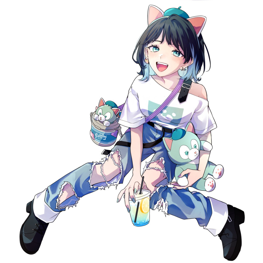 1girl, :d, black_footwear, black_hair, blue_eyes, blue_hair, blue_nails, buckle, cat_ear_hairband, colored_inner_hair, commentary, cup, denim, disney, drinking_straw, earrings, gelatoni, highres, holding, holding_cup, jeans, jewelry, kashikaze, light_blue_hair, multicolored_hair, nail_polish, open_mouth, original, pants, shirt, short_hair, short_sleeves, simple_background, single_bare_shoulder, single_off_shoulder, smile, solo, stuffed_animal, stuffed_toy, teeth, torn_clothes, torn_jeans, torn_pants, upper_teeth_only, white_background, white_shirt
