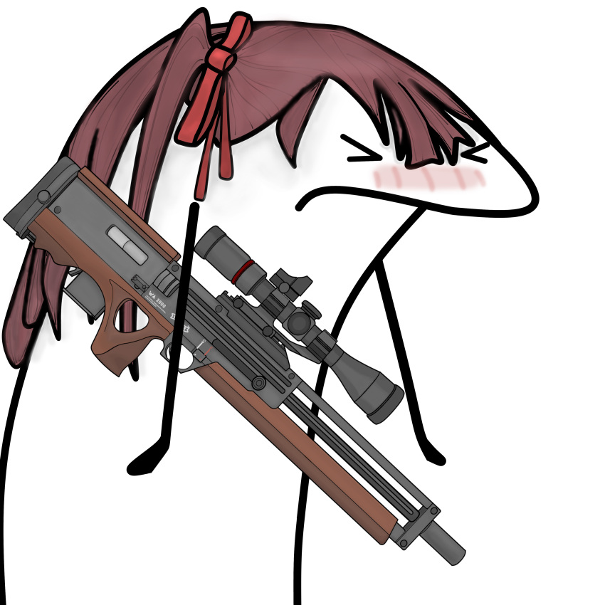 >_<, 1girl, absurdres, blush, brown_hair, bullpup, closed_eyes, commentary, florks, girls_frontline, gun, highres, kaishenglu_(n7372755), long_hair, n7372755, red_ribbon, ribbon, rifle, scope, self-upload, simple_background, sniper_rifle, solo, wa2000_(girls'_frontline), walther, walther_wa_2000, weapon, weapon_name, white_background