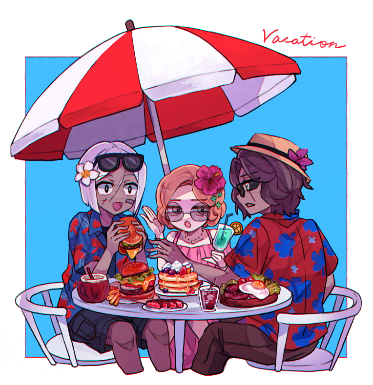 3others, beach_umbrella, beebi_(wonder_lab), blonde_hair, blue_shirt, brown_hair, brown_pants, burger, coconut, dress, flower, food, fried_egg, hair_flower, hair_ornament, hawaiian_shirt, joe_(wonder_lab), medium_hair, multiple_others, open_mouth, pancake, pancake_stack, pants, pink_dress, pink_flower, project_moon, red_shirt, shasha_(wonder_lab), shirt, short_hair, short_sleeves, sitting, sunglasses, table, umbrella, white_hair, wonderlab, yono_neie