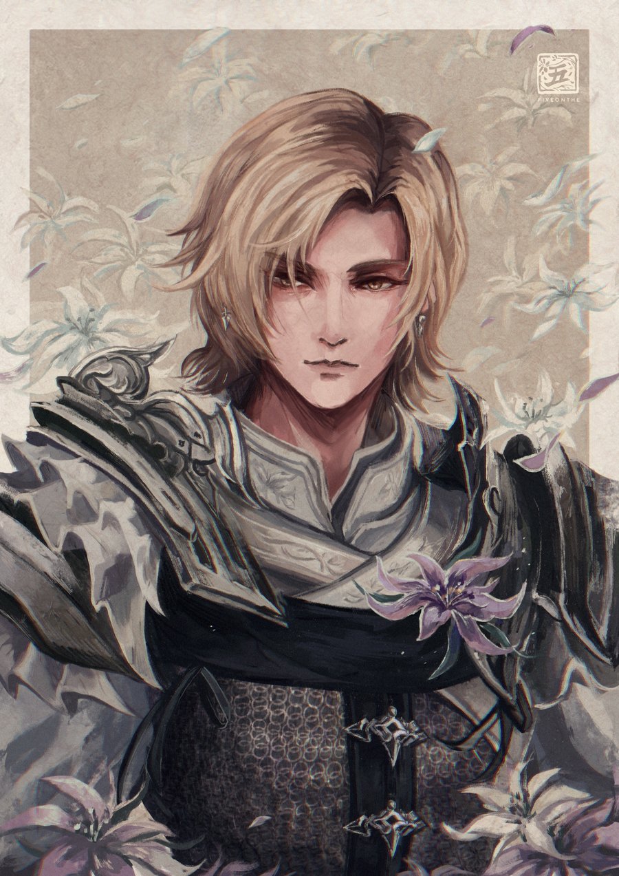 1boy, armor, blonde_hair, closed_mouth, cropped_legs, dion_lesage, earrings, final_fantasy