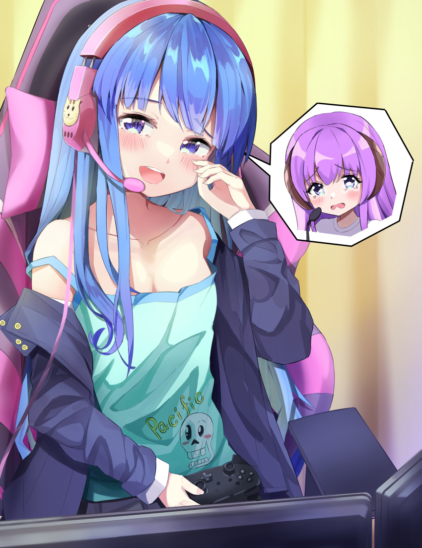 1girl, :d, absurdres, black_coat, blue_eyes, blue_hair, chair, coat