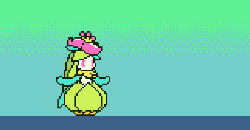 1girl, alternate_color, animated, animated_gif, aqua_background, aqua_skin, arm_up, bright_pupils, closed_eyes, colored_skin, commentary, crown, dancing, english_commentary, flat_chest, flower, from_side, full_body, gradient_background, green_hair, hair_flower, hair_ornament, lilligant, long_hair, looping_animation, mini_crown, monster_girl, multicolored_skin, no_mouth, outstretched_arm, petal_dance_(pokemon), petals, pink_eyes, pink_flower, pixel_art, plant_girl, pokemon, pokemon_(creature), pokemon_move, shiny_pokemon, sidelocks, simple_background, solo, spinning, two-tone_skin, u_u, walking, white_pupils, white_skin, wisgarus, yellow_headwear