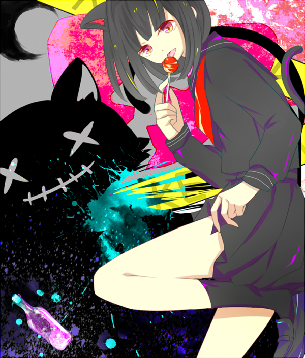 1girl, animal, animal_ears, animal_hands, artist_request, black_hair, black_serafuku, black_skirt