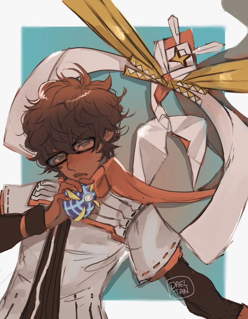 1boy, absurdres, brown_hair, crossover, dadeltan, dark-skinned_male, dark_skin, glasses