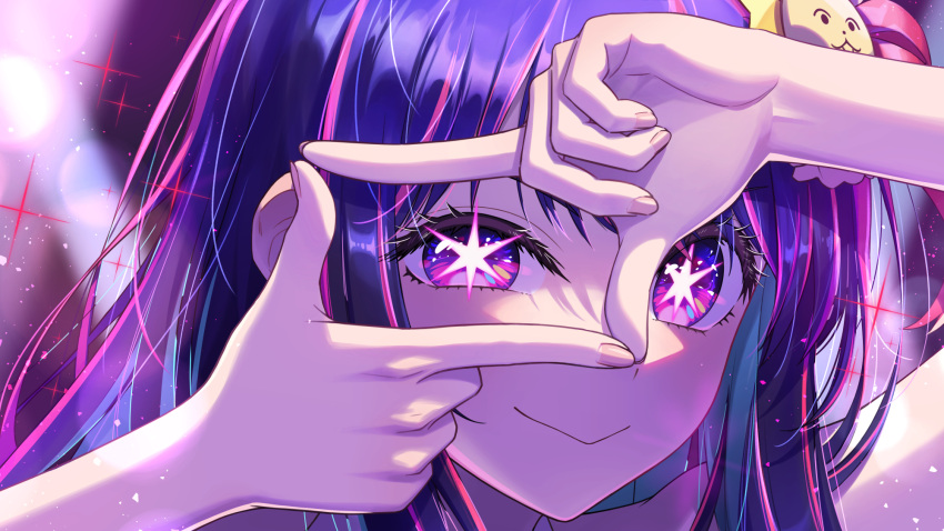 1girl, blurry, blurry_background, close-up, closed_mouth, commentary, finger_frame, geurimmongeurim, hair_ornament, hair_ribbon, highres, hoshino_ai_(oshi_no_ko), light_particles, long_hair, looking_at_viewer, multicolored_hair, one_side_up, oshi_no_ko, pink_hair, pink_ribbon, portrait, purple_hair, rabbit_hair_ornament, ribbon, shadow, sidelocks, smile, solo, sparkle, star-shaped_pupils, star_(symbol), star_hair_ornament, streaked_hair, symbol-shaped_pupils, violet_eyes