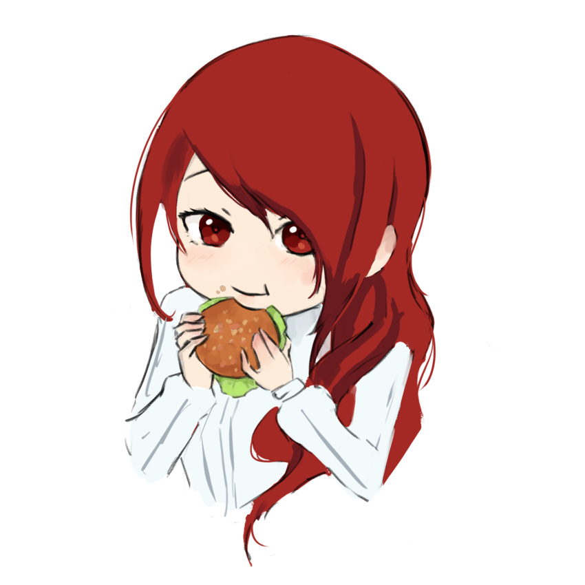 1girl, :t, asymmetrical_hair, burger, chibi, cropped_torso, eating, food, hair_over_one_eye, hair_over_shoulder, hands_up, highres, holding, holding_food, kirijou_mitsuru, long_sleeves, meme, n7grey, persona, persona_3, red_eyes, redhead, shirt, sidelocks, simple_background, solo, swept_bangs, white_background, white_shirt