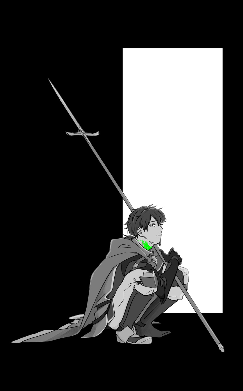 1boy, absurdres, brown_hair, cape, durindana_(fate), facial_hair, fate/grand_order, fate_(series), full_body, gauntlets, goatee, hector_(fate), highres, holding, holding_polearm, holding_weapon, long_hair, looking_at_viewer, male_focus, ost1949, partially_colored, polearm, ponytail, single_gauntlet, solo, spear, squatting, weapon