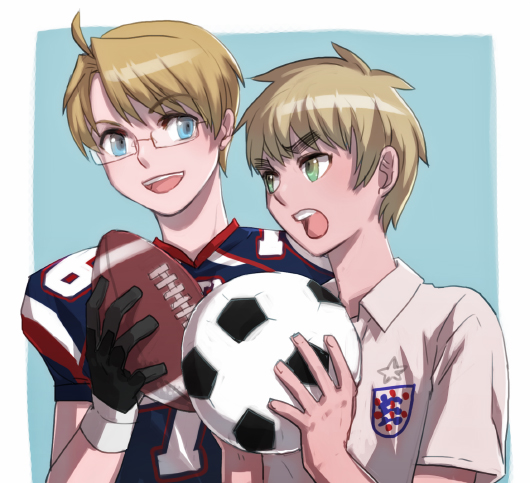 axis_powers_hetalia, ball, blonde_hair, blue_eyes, eyebrows, football, glasses, green_eyes