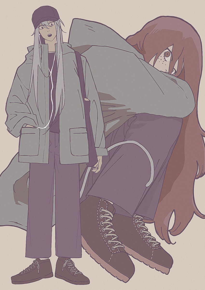 2others, alternate_costume, androgynous, black_shirt, coat, dual_persona, earphones, freckles, full_body, green_coat, hand_in_pocket, hat, highres, hunter_x_hunter, kite_(chimera_ant), kite_(hunter_x_hunter), long_hair, long_sleeves, looking_at_viewer, multiple_others, open_clothes, open_coat, red_eyes, redhead, shirt, simple_background, very_long_hair, white_background, white_hair, ybmghj222