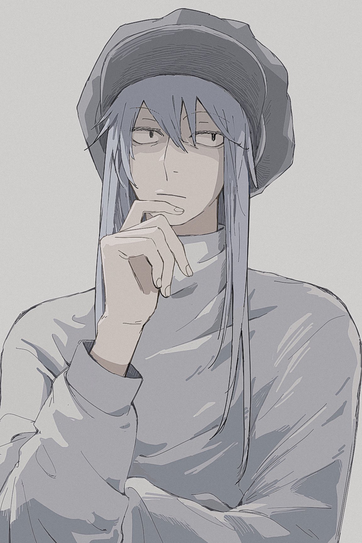 1other, androgynous, expressionless, hand_on_own_face, hat, highres, hunter_x_hunter, kite_(hunter_x_hunter), long_hair, long_sleeves, shirt, simple_background, turtleneck, upper_body, very_long_hair, white_background, white_hair, white_shirt, ybmghj222