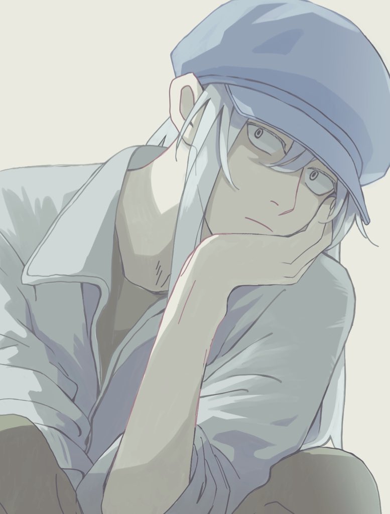 1other, androgynous, collared_shirt, elbow_rest, expressionless, hat, head_rest, hunter_x_hunter