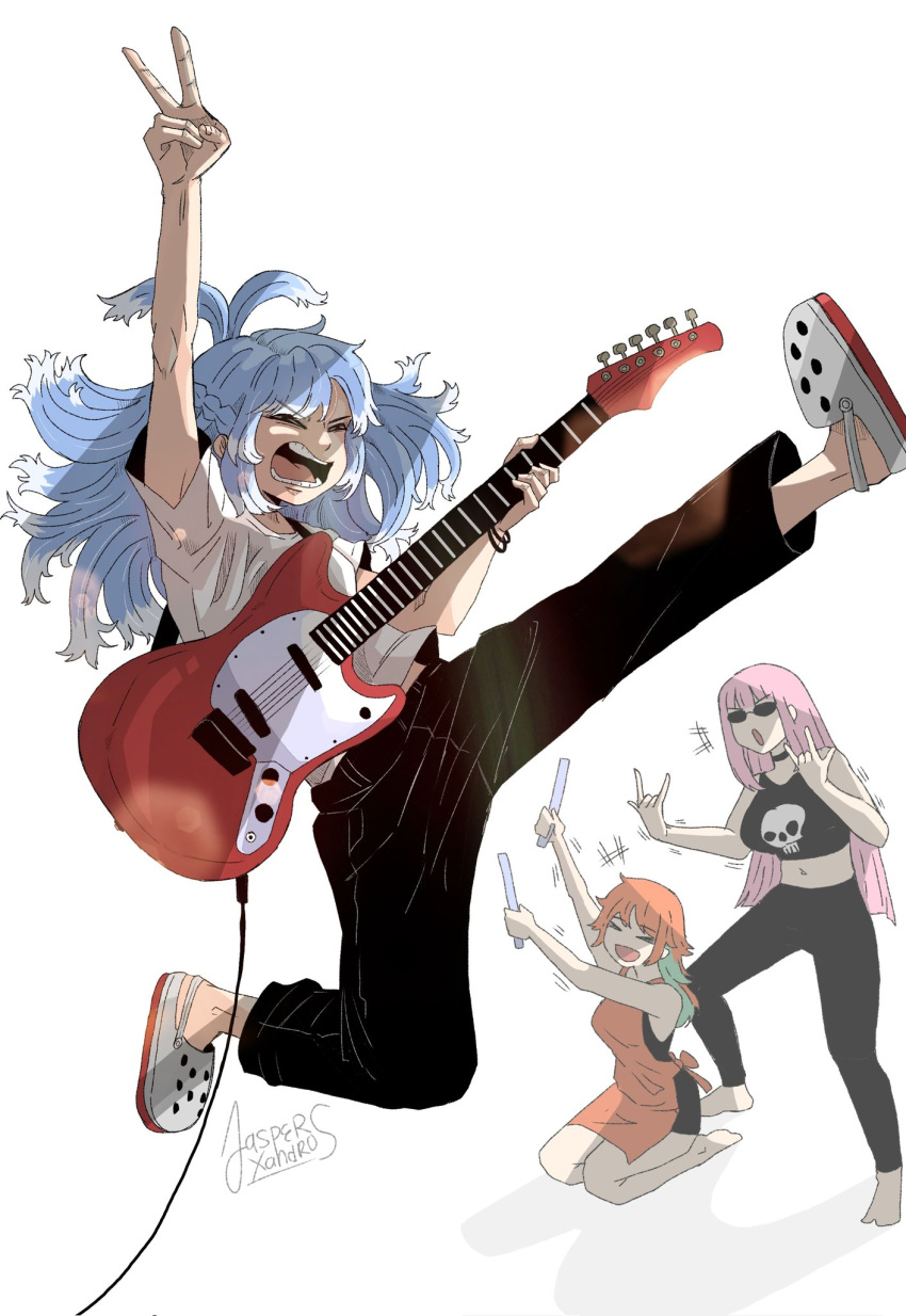 3girls, \m/, apron, barefoot, black_pants, black_shirt, blue_hair, blunt_bangs