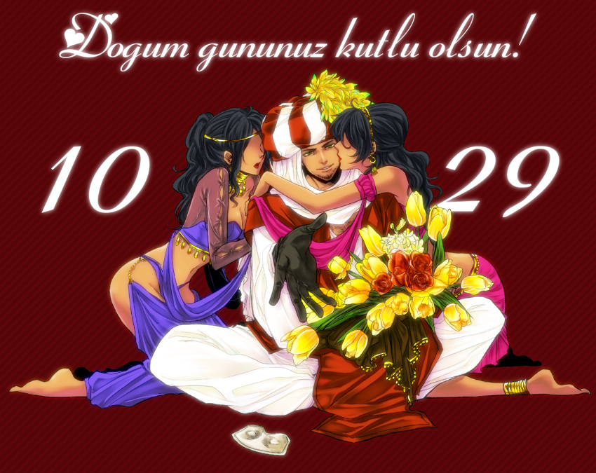 black_hair, bouquet, circlet, curly_hair, dark_skin, earrings, facial_hair, flower, gloves, gold, green_eyes, harem, jewelry, kyouho, kyouko_(roughplus), lipstick, manly, mask, pimp, red_lipstick, roughplus, stubble, tiara, tulip, turban, turkey_(hetalia)