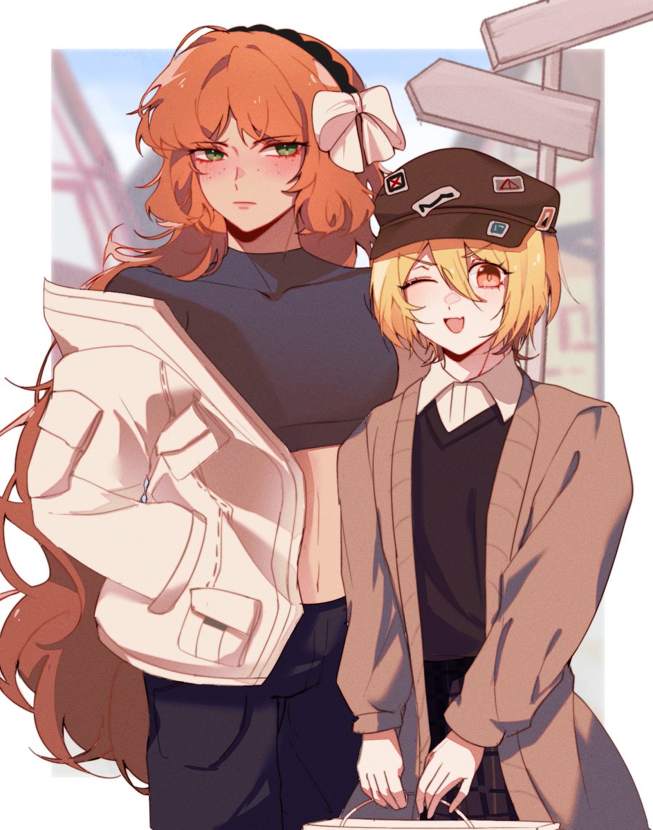2girls, bag, black_hairband, black_pants, black_vest, blonde_hair, blush, bow