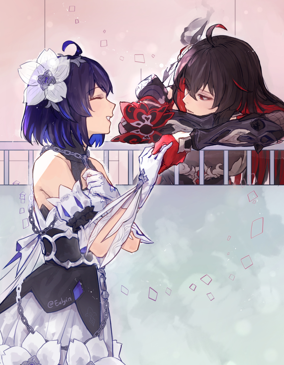 2girls, ^_^, bare_shoulders, black_hair, black_headwear, blue_hair, chain, clenched_hand