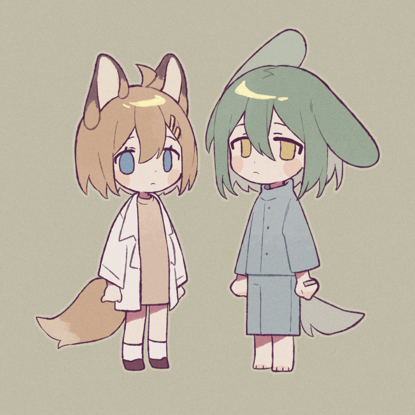 1boy, 1girl, ahoge, animal_ears, blue_eyes, blue_jacket, blue_shorts, brown_dress