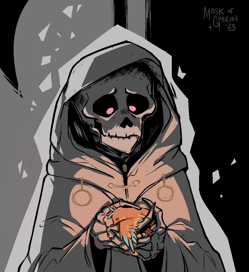 animalization, beak, bird, cloak, death_(entity), feathers, grim_reaper, holding, holding_scythe, hololive, hololive_english, maskofgabriel, mori_calliope, multiple_girls, no_humans, phoenix, scythe, skeleton, skull, takanashi_kiara, takanashi_kiara_(phoenix), virtual_youtuber