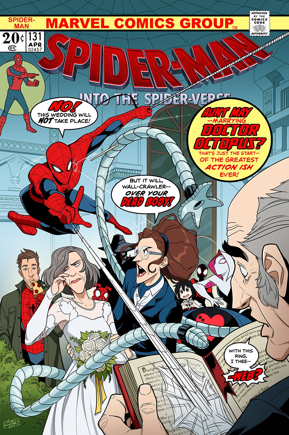bodysuit, cover, doctor_octopus, english_text, fake_cover, gwen_stacy, highres, hood