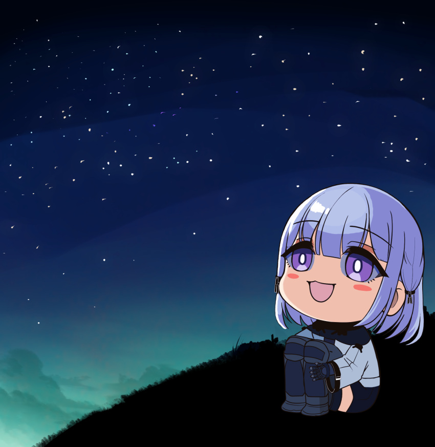 1girl, black_shorts, blush_stickers, chibi, commentary_request, full_body, girls_frontline, grey_suit