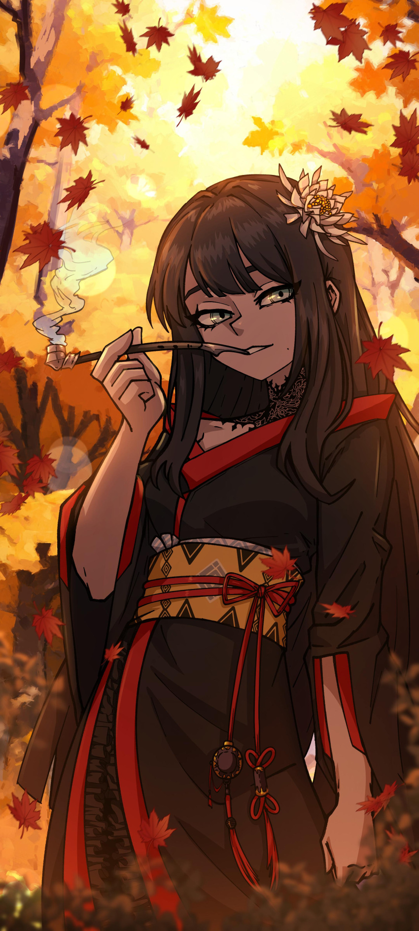 1girl, absurdres, black_hair, black_kimono, cowboy_shot, final_fantasy, final_fantasy_xiv, flower, grey_eyes, hair_flower, hair_ornament, highres, hime_cut, holding, holding_smoking_pipe, hyur, japanese_clothes, kimono, leaf, long_hair, looking_at_viewer, maple_leaf, mole, outdoors, sidelocks, smoking_pipe, solo, whitedogstudios, yotsuyu_goe_brutus