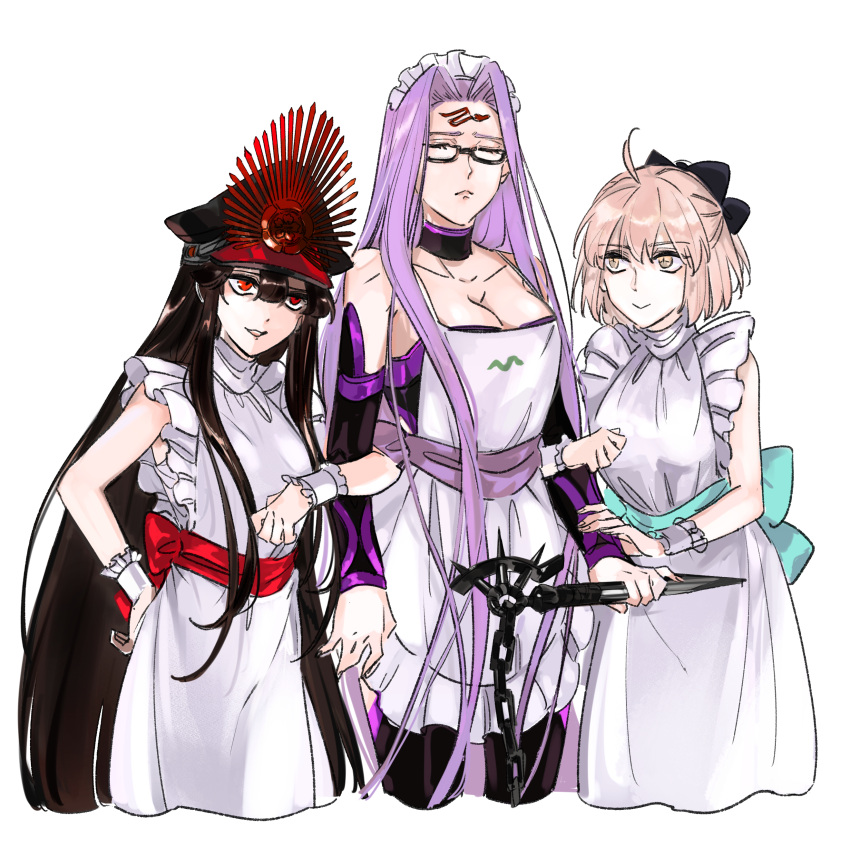 3girls, absurdres, apron, black_hair, blonde_hair, enilefilnoztlaw, facial_mark, fate/grand_order