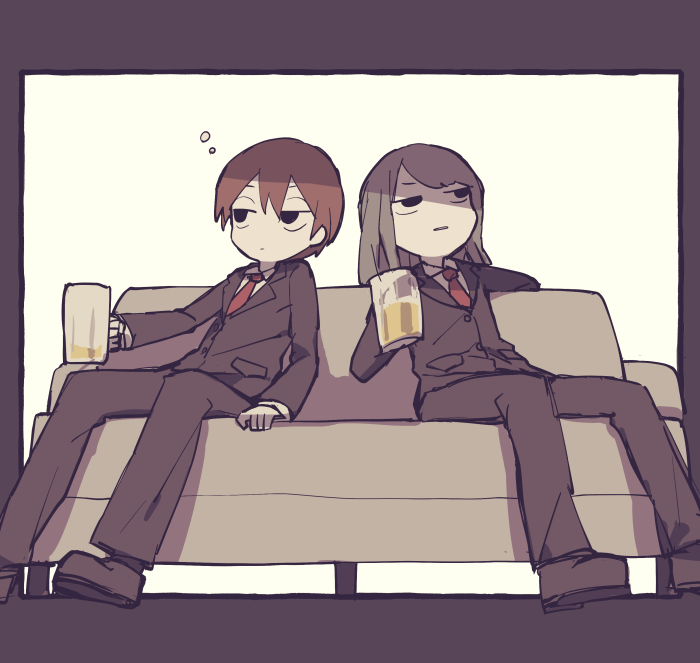 2others, beer_mug, black_eyes, black_jacket, black_pants, brown_hair, closed_mouth, collared_shirt, cup, employee_(lobotomy_corporation), grey_hair, holding, holding_cup, jacket, lobotomy_corporation, looking_to_the_side, makino_(727me727), mug, multiple_others, necktie, pants, parted_lips, project_moon, red_necktie, shirt, sitting, white_shirt