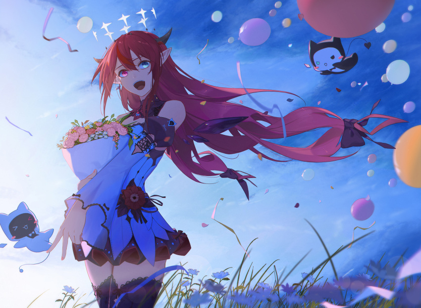 1girl, black_thighhighs, bloom_(irys), blue_eyes, blue_sky, bouquet, clouds, crystal_wings