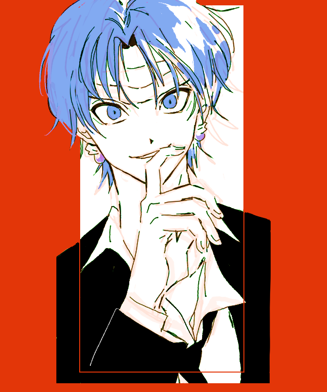 1boy, alternate_eye_color, alternate_hair_color, bandaged_head, bandages, black_suit, blue_eyes, blue_hair, chrollo_lucilfer, earrings, formal, hunter_x_hunter, jewelry, long_sleeves, looking_at_viewer, male_focus, naemonaemo0523, necktie, red_background, shirt, short_hair, solo, suit, two-tone_background, upper_body, white_background, white_shirt