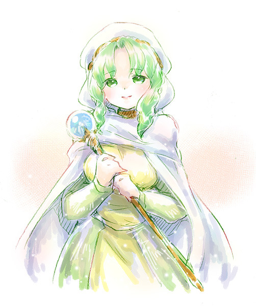 1girl, breasts, cape, dress, fire_emblem, fire_emblem:_thracia_776, green_dress, green_eyes