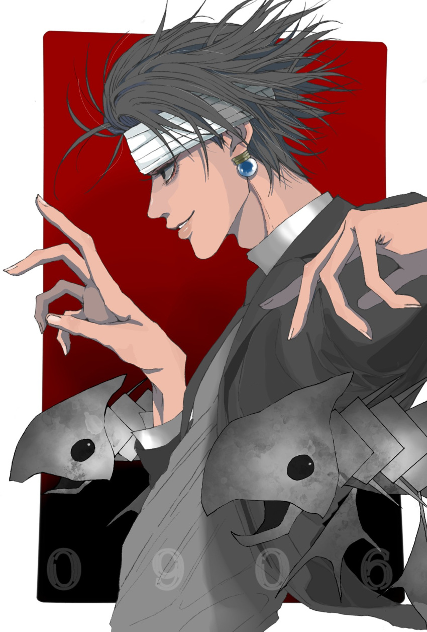 1boy, bandaged_head, bandages, black_eyes, black_hair, black_suit, chrollo_lucilfer, earrings