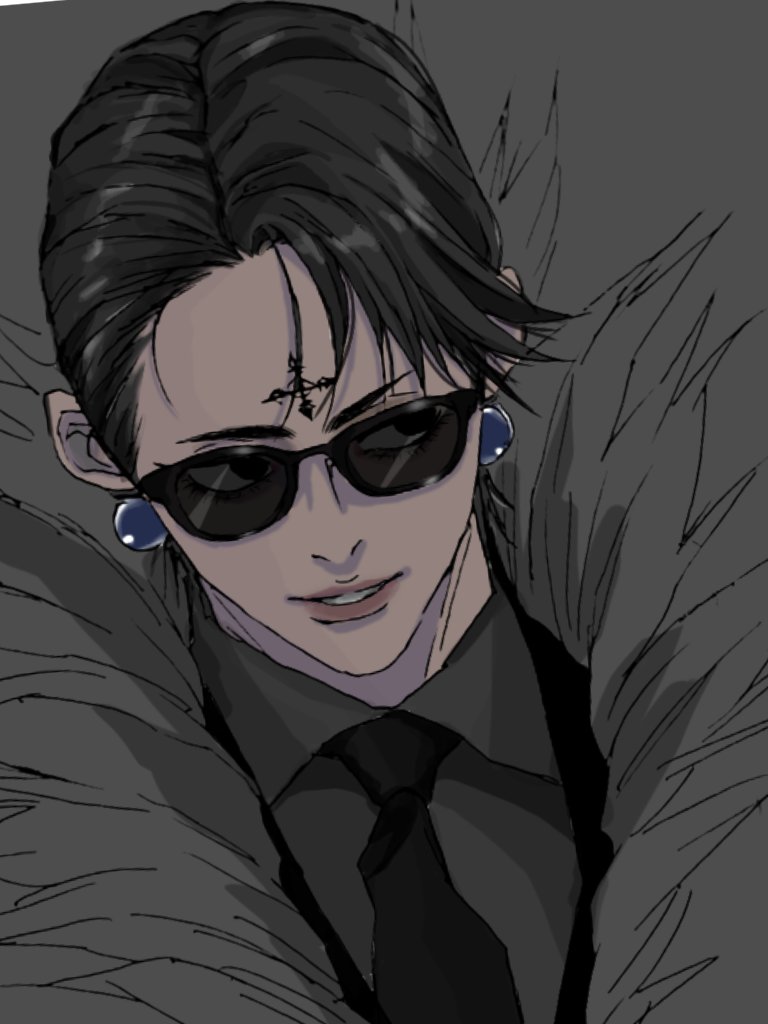 1boy, black_eyes, black_hair, black_suit, chrollo_lucilfer, cross_tattoo, earrings, facial_mark, facial_tattoo, forehead_mark, forehead_tattoo, formal, fur_trim, hunter_x_hunter, jewelry, looking_to_the_side, male_focus, necktie, palette64626, short_hair, smile, solo, suit, tattoo, upper_body