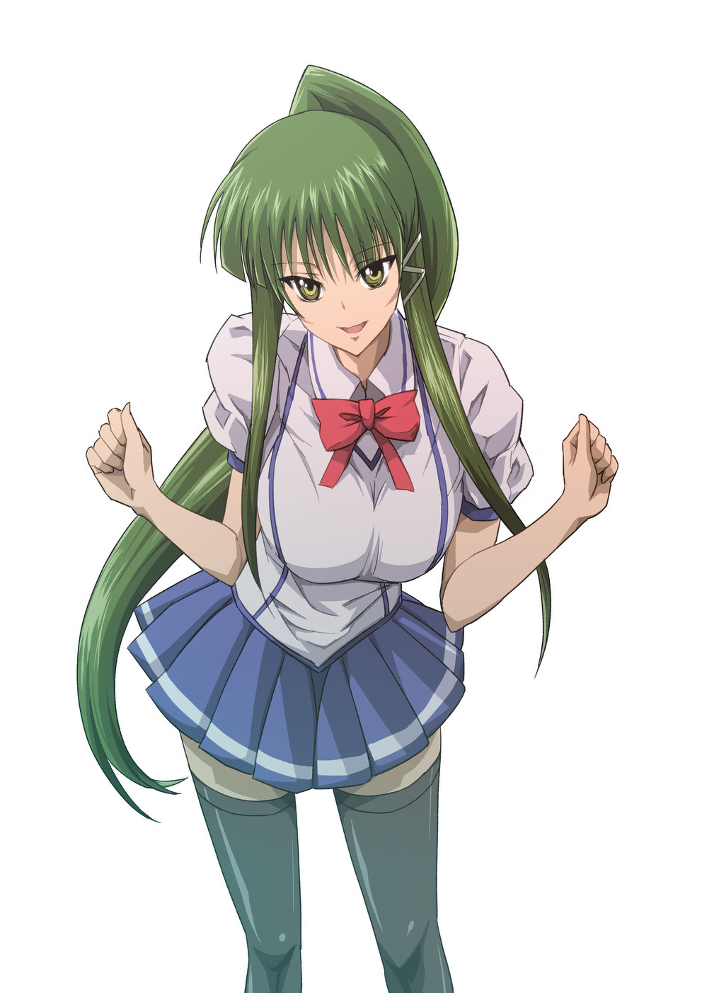 black_thighhighs, breasts, green_hair, highres, ichiban_ushiro_no_daimaou, kamoroosaazu, large_breasts, open_mouth
