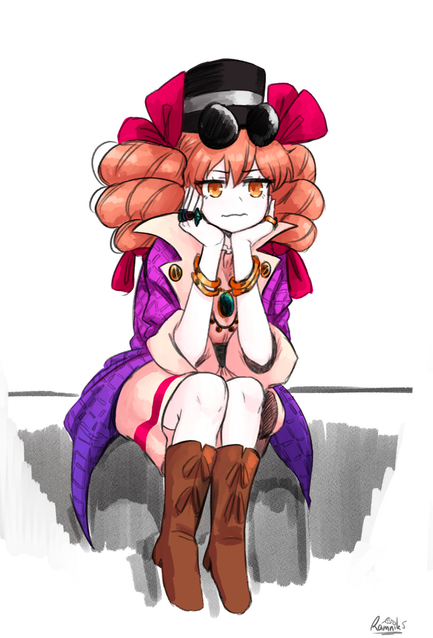 1girl, artist_name, boots, bow, bracelet, brown_footwear, coat, dress