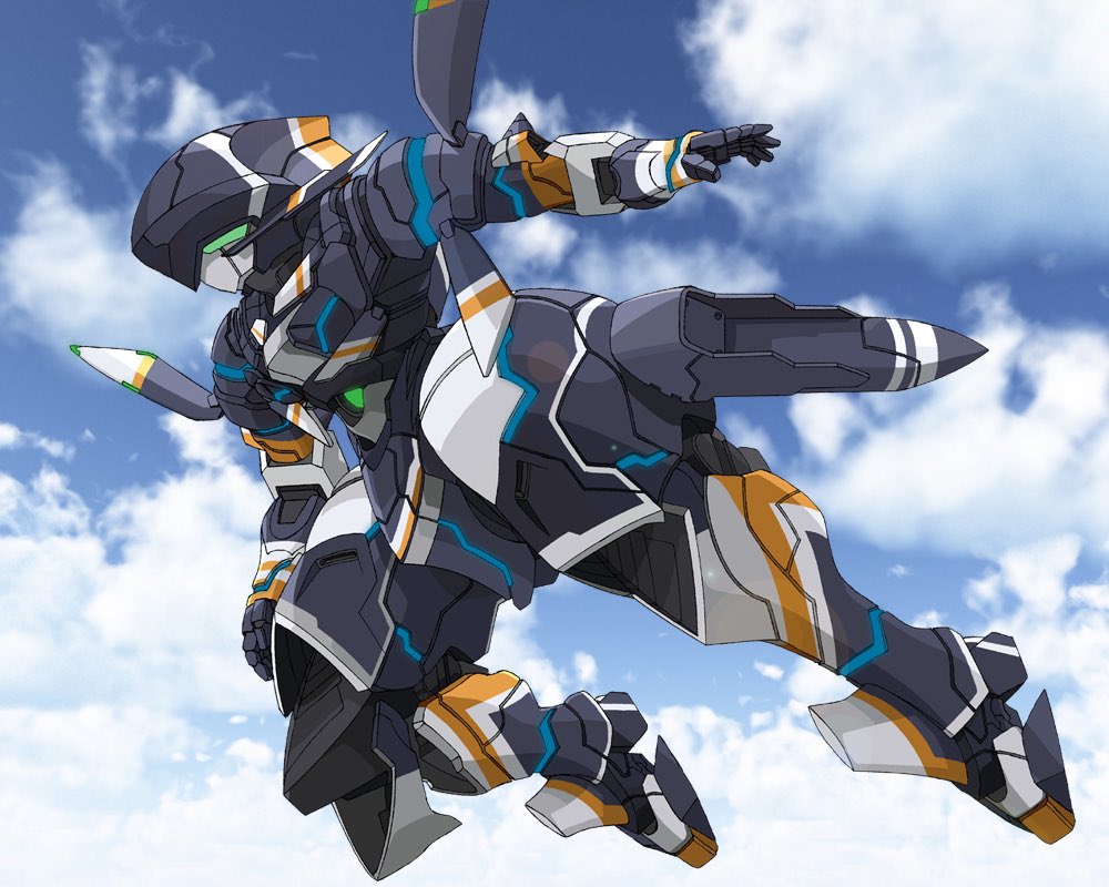 ayakaze_satsuki, blue_sky, chamber_(suisei_no_gargantia), clouds, cloudy_sky, commentary_request, flying, full_body