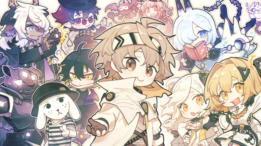 !, ?, alchemy_stars, bethel_(alchemy_stars), book, camera, carleen_(alchemy_stars), chibi, hair_ornament, headband, highres, holding, holding_book, holding_camera, hydrad_(alchemy_stars), istvan_(alchemy_stars), jl_seiko, kleken_(alchemy_stars), lilica_(alchemy_stars), navigator_(alchemy_stars), seleucid_(alchemy_stars), smile, tourdog_(character), vice_(alchemy_stars)