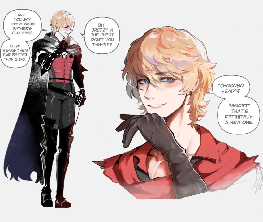 1boy, aged_up, armored_legwear, black_cape, blue_eyes, cape, clive_rosfield, clive_rosfield_(cosplay)