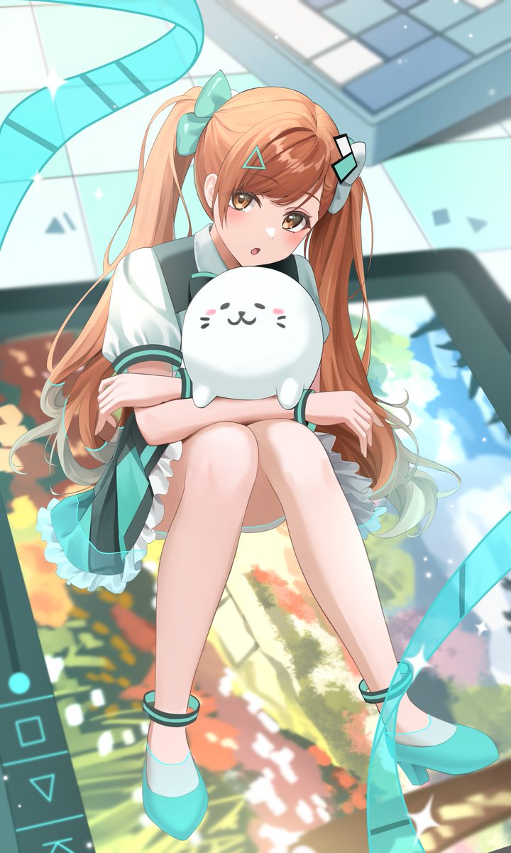 1girl, black_skirt, brown_hair, commentary_request, frilled_skirt, frills, fujizarashi, green_footwear, high_heels, highres, irodori_mora, long_hair, looking_at_viewer, miniskirt, pumps, shirt, short_sleeves, skirt, solo, swept_bangs, triangle_hair_ornament, twintails, virtual_youtuber, white_shirt, wondershare_filmora