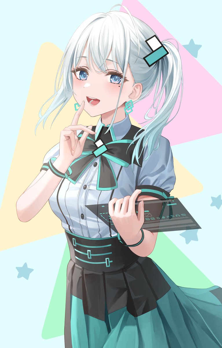 1girl, ahoge, alternate_hair_color, black_bow, black_bowtie, black_skirt, blue_eyes, bow
