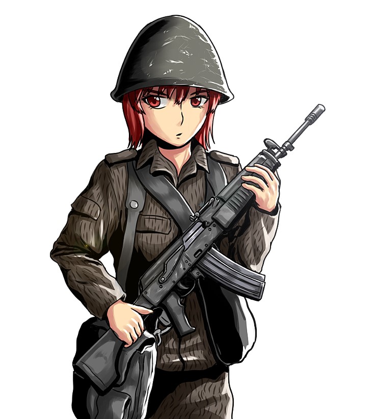 1girl, assault_rifle, averting_eyes, bag, breast_pocket, camouflage, camouflage_pants, camouflage_shirt, collared_shirt, commentary, cowboy_shot, dark_red_hair, east_german, english_commentary, expressionless, geococcyx, grey_bag, grey_headwear, grey_pants, grey_shirt, grey_theme, gun, holding, holding_gun, holding_weapon, kalashnikov_rifle, long_sleeves, looking_to_the_side, military, military_uniform, mixed-language_commentary, nationale_volksarmee, open_collar, open_mouth, original, pants, pocket, red_eyes, rifle, shirt, short_hair, shoulder_bag, simple_background, soldier, solo, strichtarn, uniform, weapon, white_background, wieger_stg-940, wispy_bangs