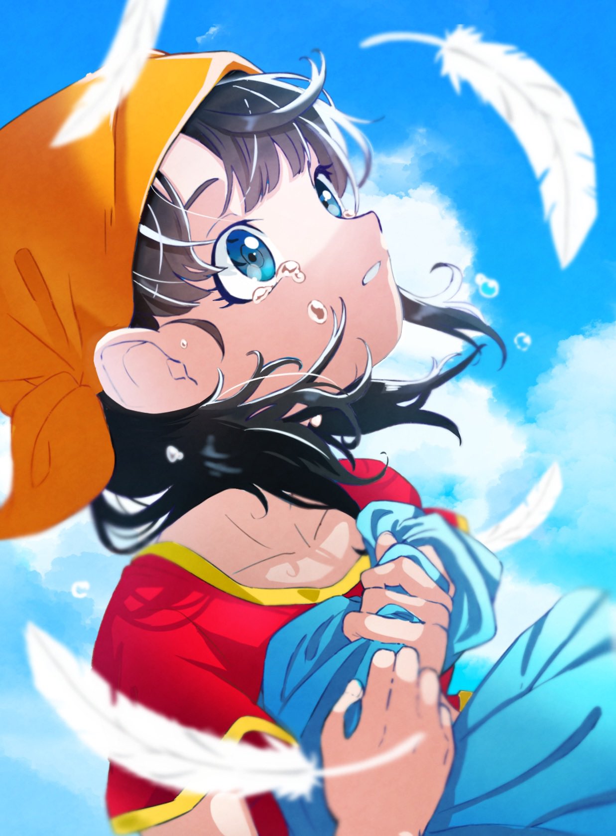 1girl, aonano_db, bandana, black_eyes, black_hair, blue_sky, blunt_bangs, blurry