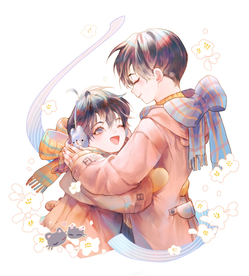 13_s2, 2boys, absurdres, aged_down, animal_earmuffs, black_hair, blue_bow, bow, brothers, child, closed_eyes, closed_mouth, earmuffs, han_yoohyun, han_yoojin, highres, hug, jacket, looking_at_another, male_child, male_focus, mittens, multiple_boys, naega_kiun_s_geubdeul, one_eye_closed, open_mouth, pink_jacket, short_hair, siblings, simple_background, smile, upper_body, white_background, yellow_bow, yellow_mittens