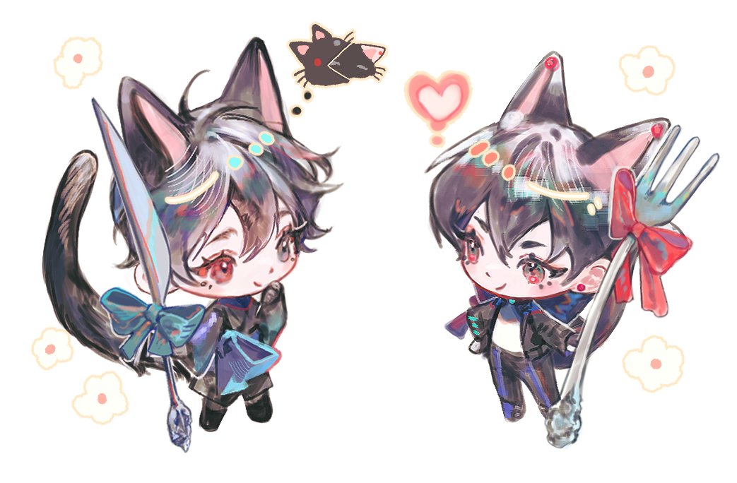 13_s2, 2boys, animal_ears, black_hair, black_jacket, black_pants, blue_bow, bow