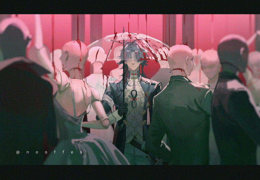 black_gloves, blade_(honkai:_star_rail), blood, chest_sarashi, chinese_clothes, closed_mouth, earrings, gloves