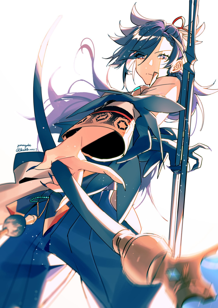 1boy, arm_behind_back, banzoin_hakka, black_skin, blue_hakama, blue_nails, braid, braided_bangs