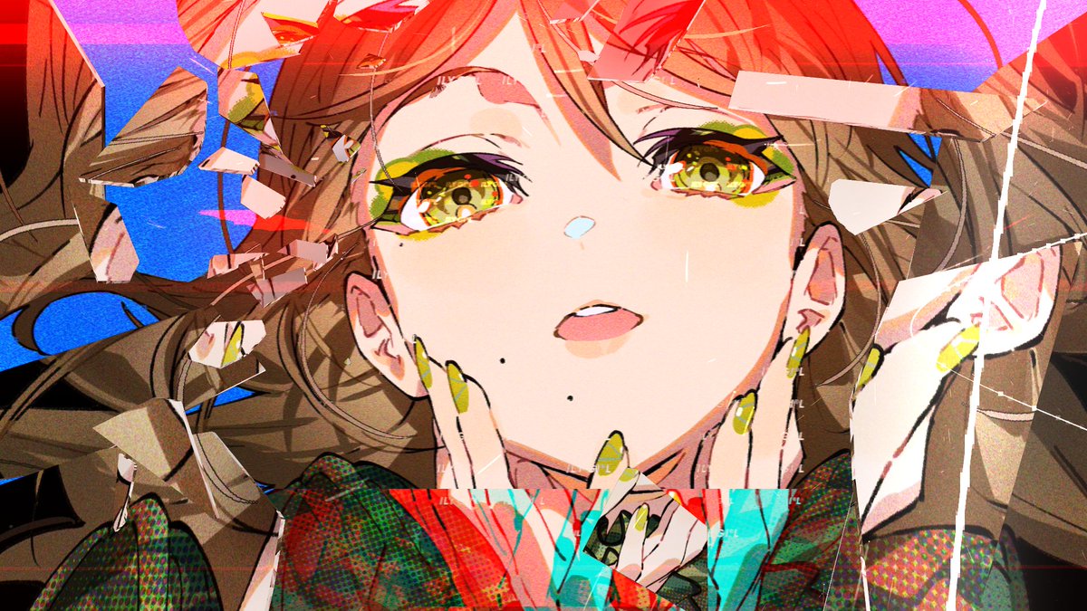 1girl, broken_mirror, brown_hair, eyeshadow, from_below, glitch, green_eyeshadow, green_nails