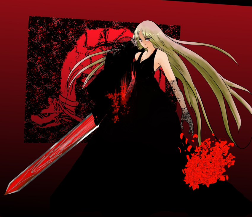 adult, black_dress, blonde_hair, dress, ex-rumia, flower, highres, long_hair