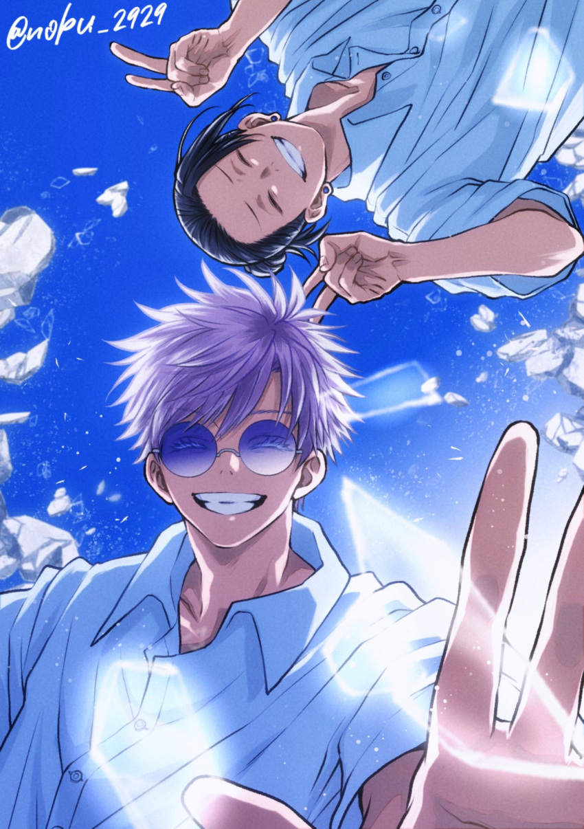 2boys, ^_^, black_hair, broken_glass, closed_eyes, collared_shirt, ear_piercing, getou_suguru