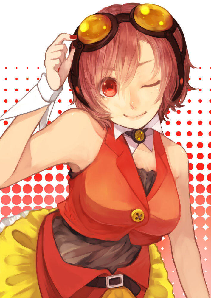 brown_hair, cosplay, goggles, goggles_on_head, gumi, gumi_(cosplay), meiko, oharu